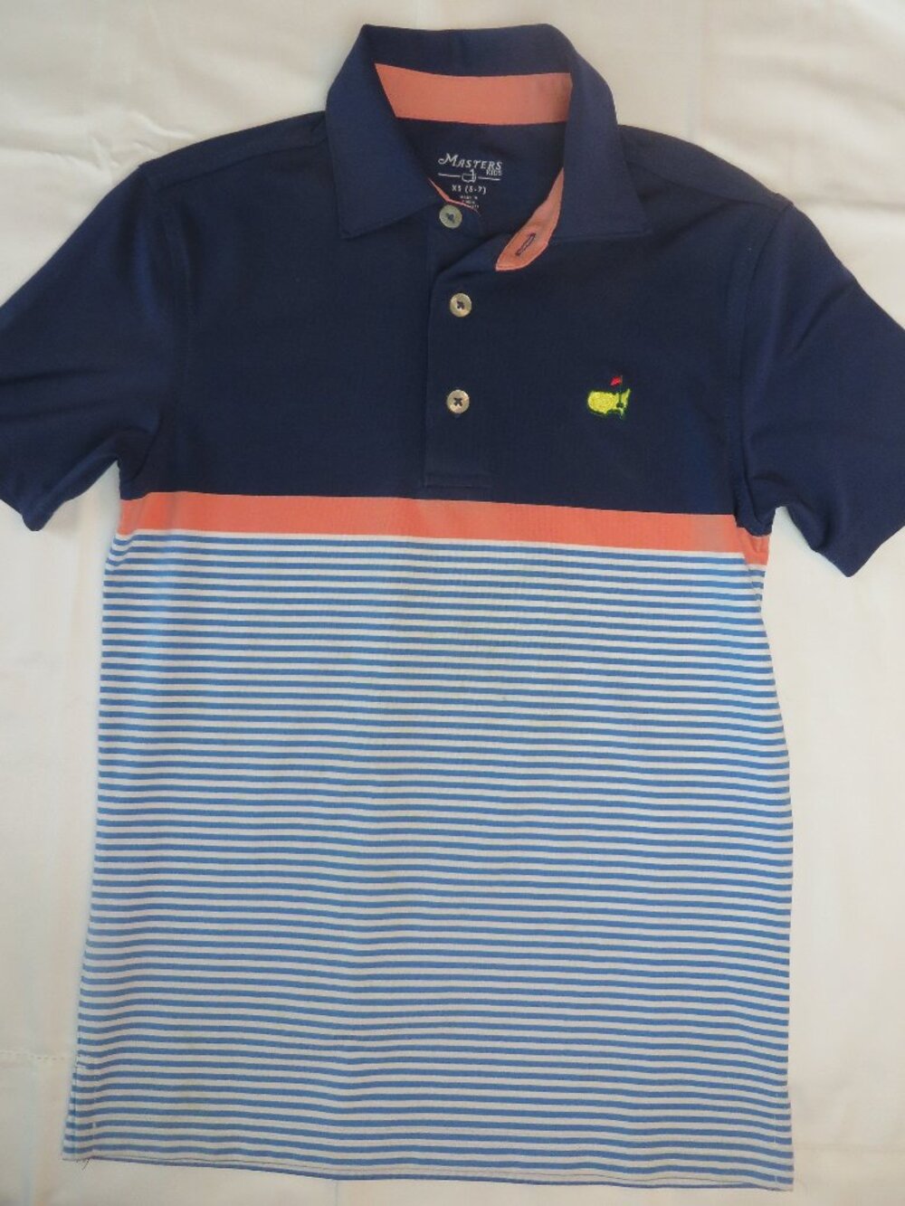 Masters Tournament Boys Performance Golf Shirt | Navy/Salmon | Size XS (5-7)